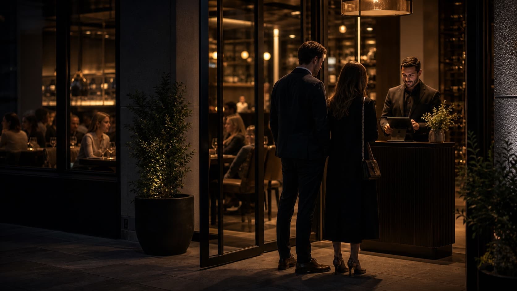 Guests arriving at a warmly lit restaurant while a host confirms their reservation.