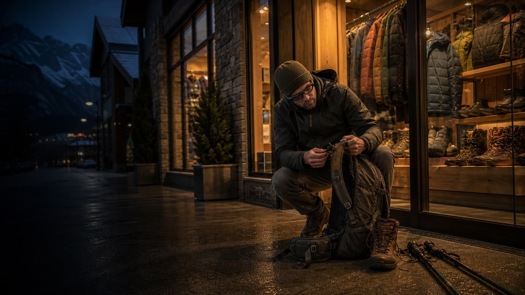 A hiker with a broken backpack strap sitting near an outdoor gear store.