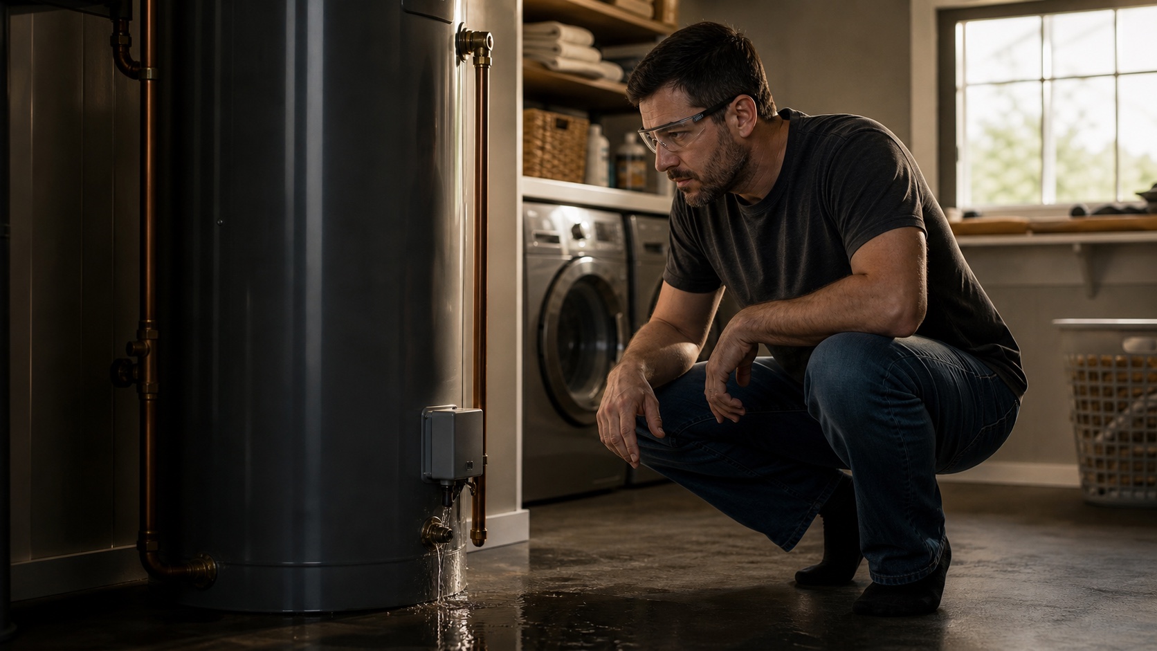 A homeowner wearing AR glasses while inspecting an active leak from a residential water heater.